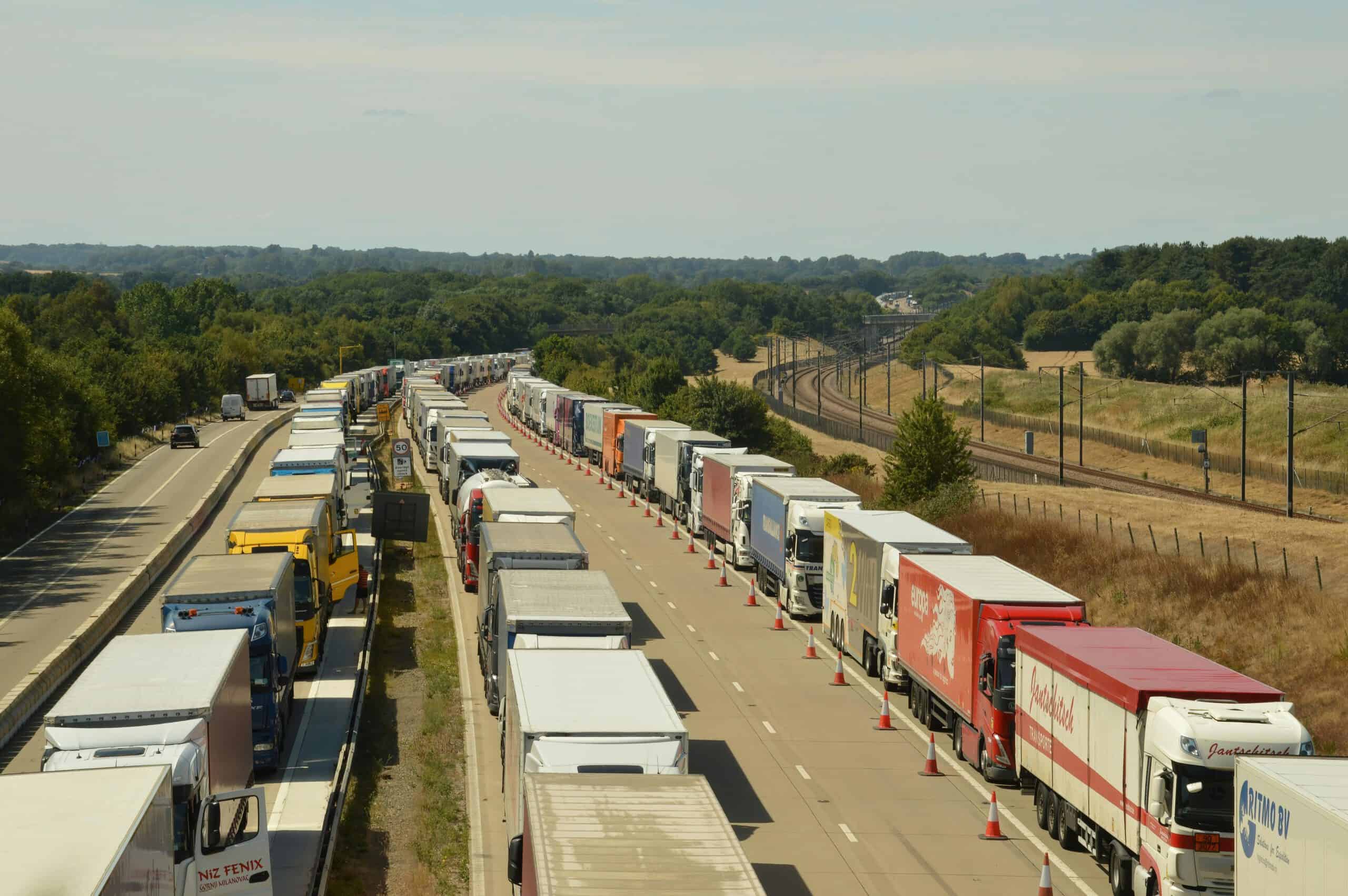 Long line of trucks on a highway