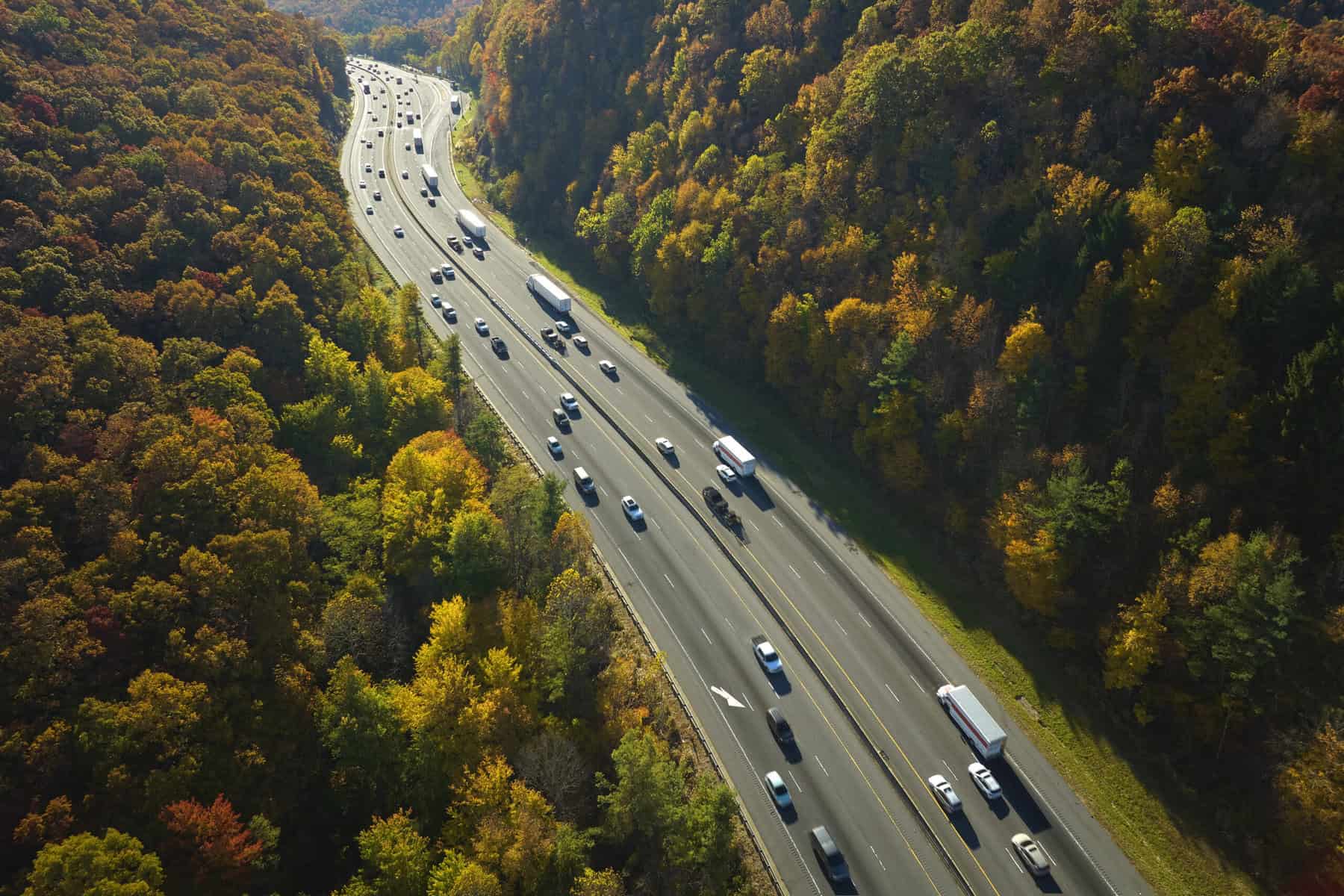 Busy highway through autumn forest