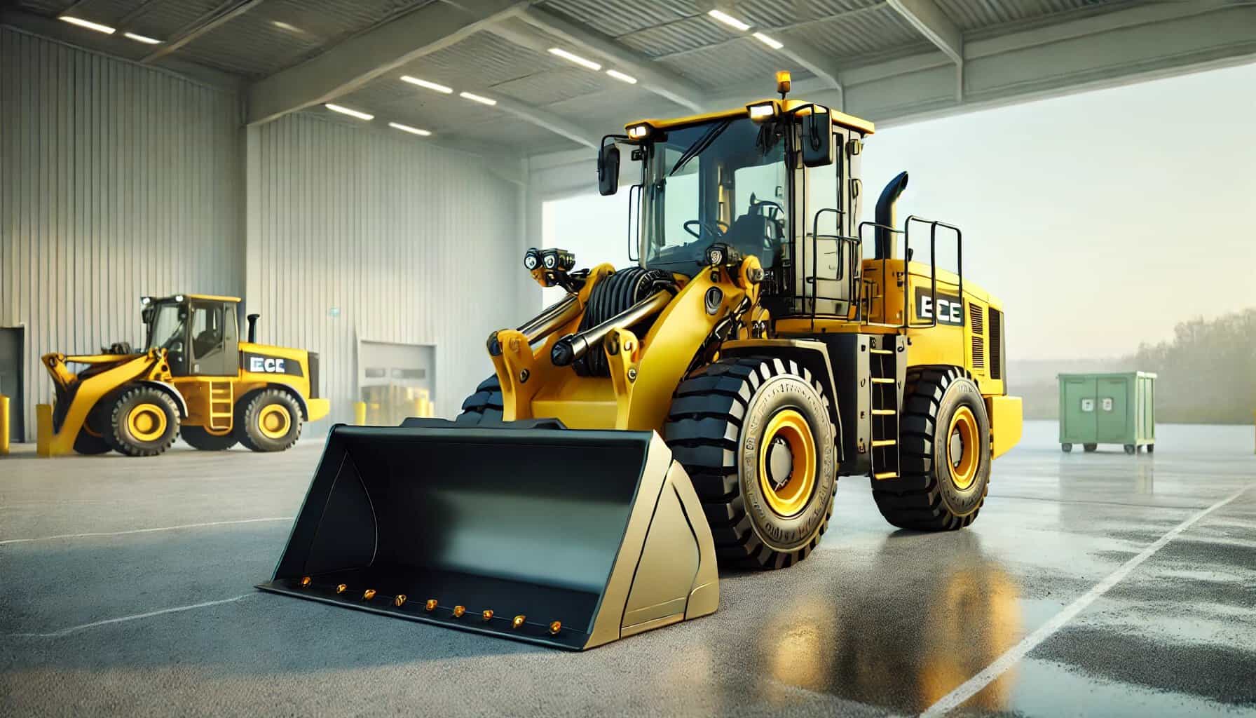 Large yellow wheel loader in warehouse