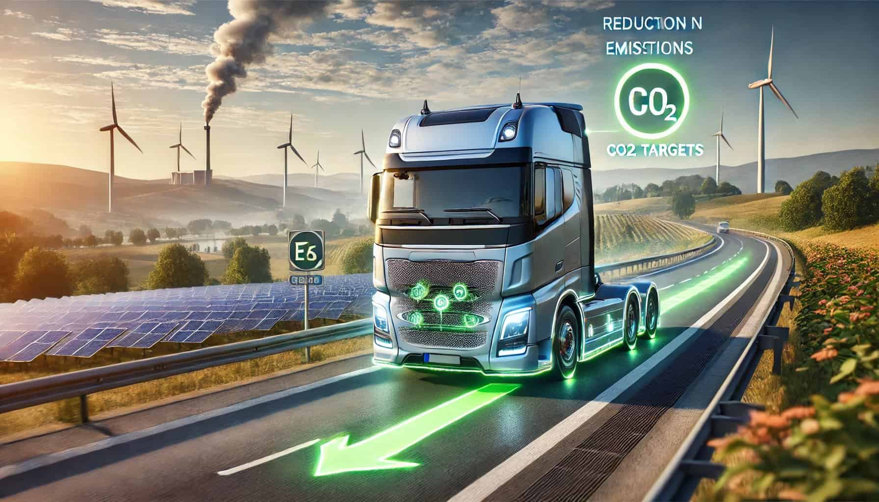 Electric truck on highway with wind turbines.