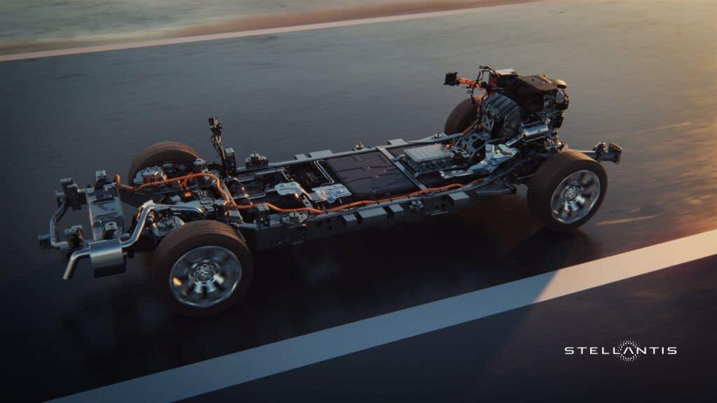 Electric vehicle chassis on a road.