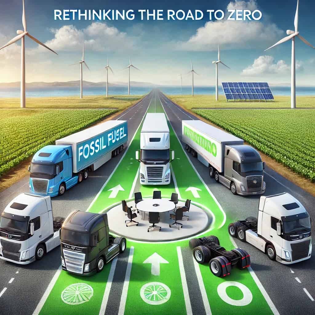 Trucks on green road with wind turbines and solar panels.