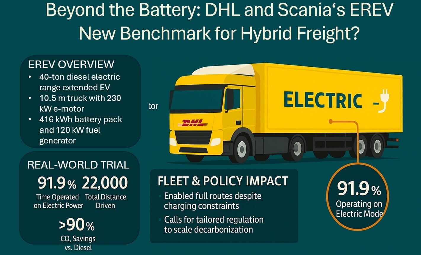 DHL electric hybrid truck infographic for EREV overview.