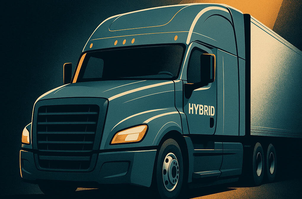 Illustration of hybrid semi-truck driving at night.