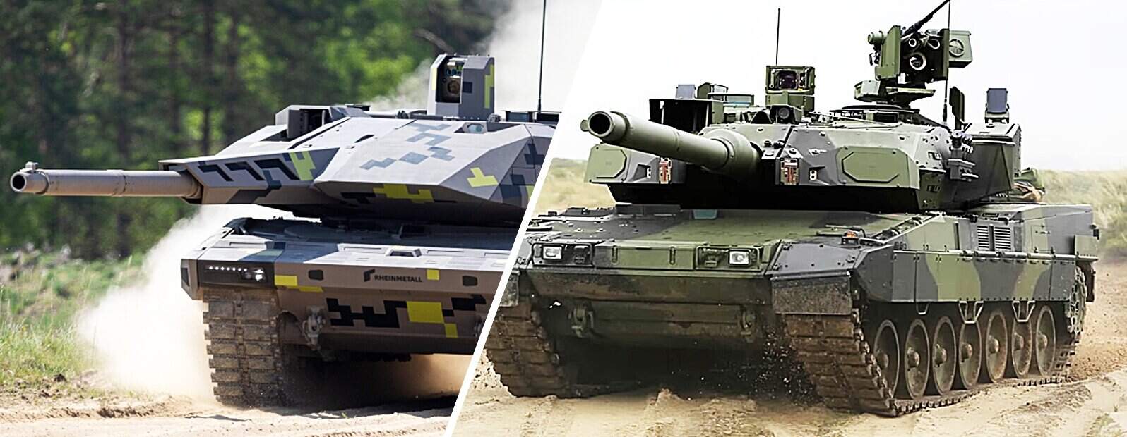 Two modern tanks on a dirt road