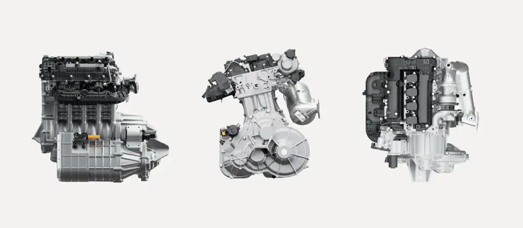 Three car engine components display.