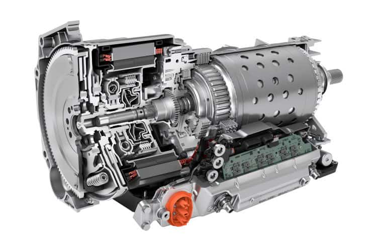 Detailed cutaway of an electric motor transmission system from ZF.