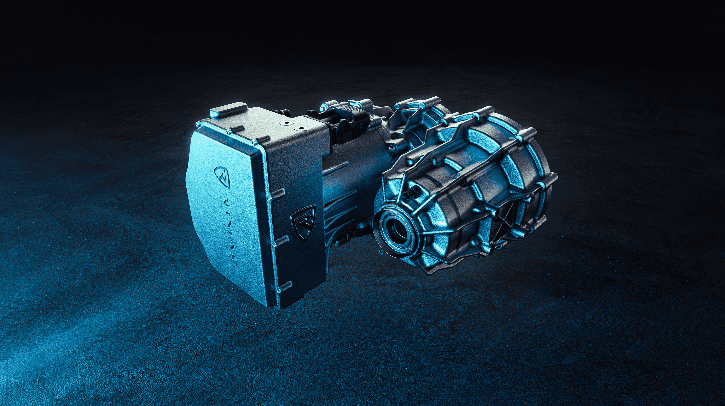 High-performance automotive transmission system on dark background.