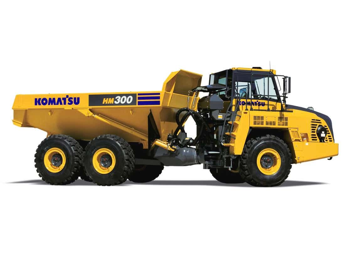 Yellow Komatsu HM300 articulated dump truck